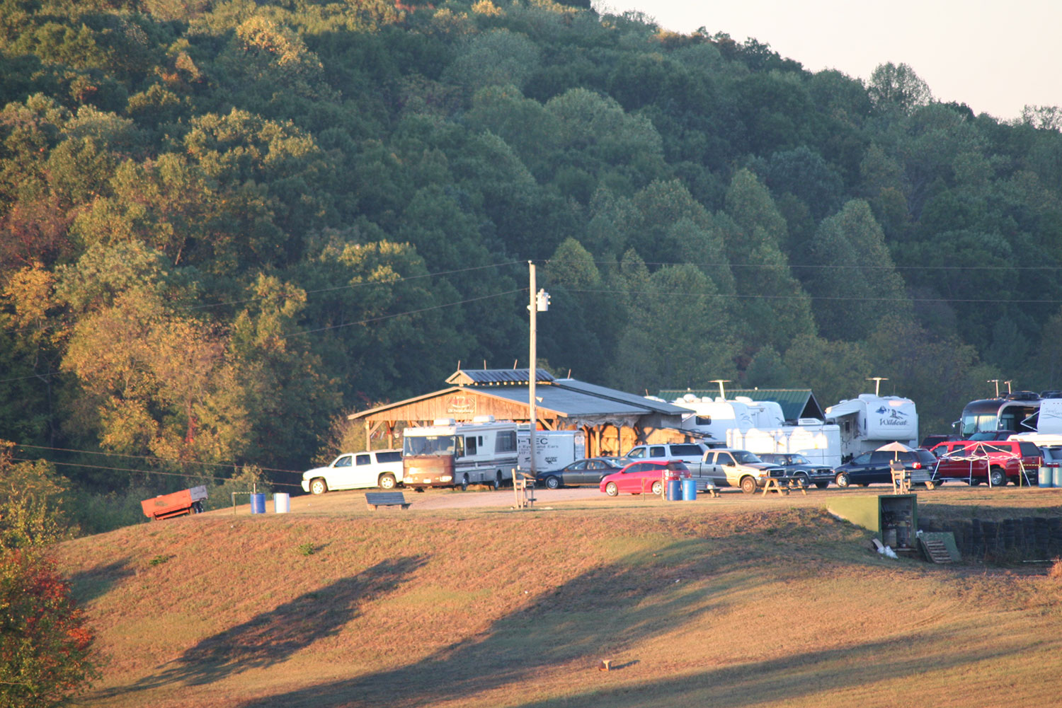 Pavilion and RVs seen from across the hillside